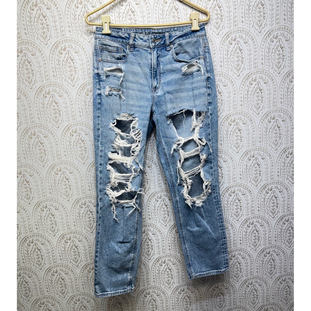 American Eagle Mom Jean Women 6 Light Blue Distressed Ripped High Waist‎ Stretch